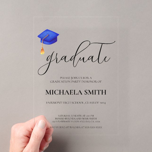 Moderne Navy Blue Cap High School Graduation Party Acryleinladungen (Insitu (Handheld))