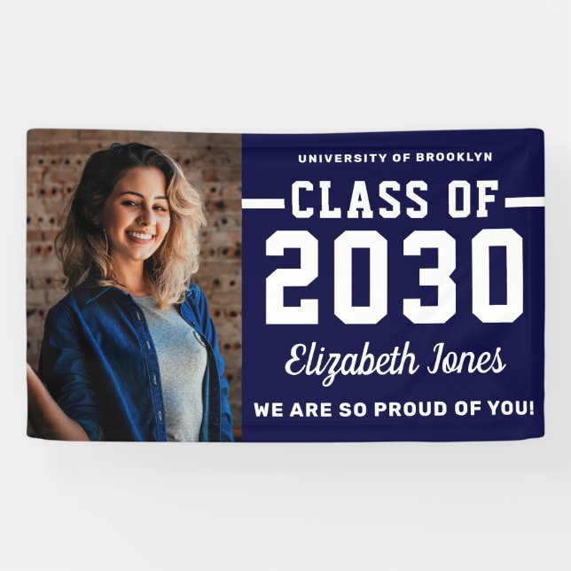 Moderne Navy Blue Class 2022 Foto Abschluss Banner (Horizontal)