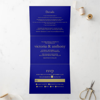Moderne Navy Blue & Crimson Red Wedding Suite Dreifach Gefaltete Einladung