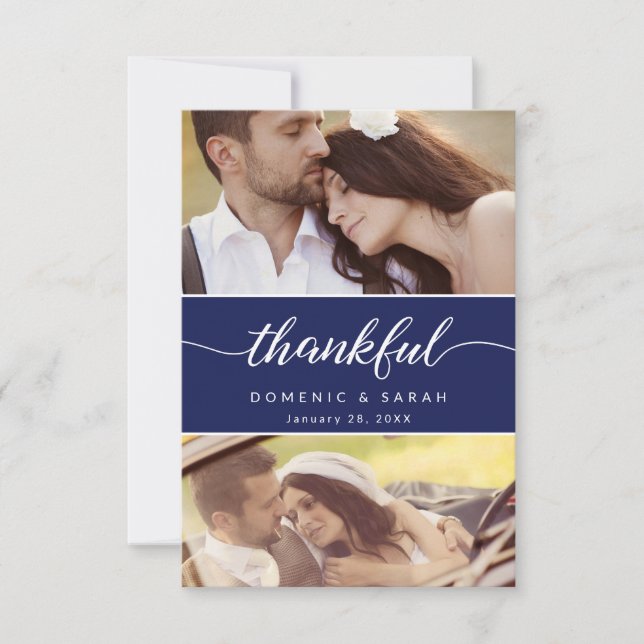 Moderne Navy Blue Dankbares Drehbuch Hochzeit Foto Dankeskarte (Vorderseite)