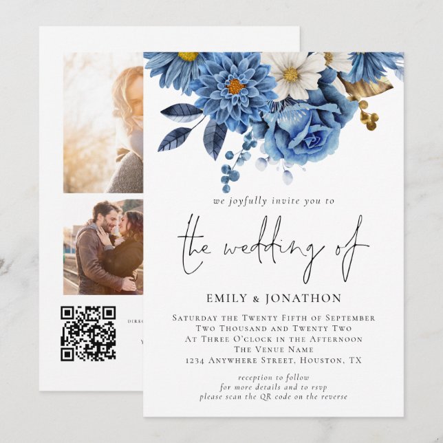Moderne Navy Blue Florals 3 Fotos Hochzeit Einladung (Vorne/Hinten)