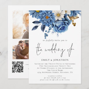 Moderne Navy Blue Florals 3 Fotos Hochzeit Einladung