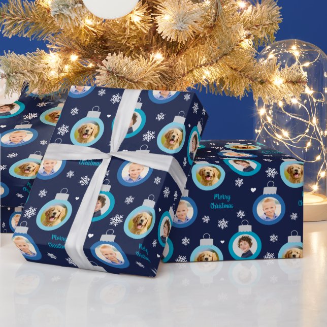 Moderne Navy Blue Foto Ornamente Custom Christmas Geschenkpapier (Feiertage)