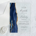 Moderne Navy Blue Gold Agate Hochzeit Acryleinladungen<br><div class="desc">Die links Kulisse dieser eleganten,  modernen Hochzeitseinladung besticht durch eine marineblau-blaue Aquarellgrenze mit vergoldetem Imitat-Glitzer. Der anpassbare Text kombiniert handschriftlich,  kopperplate und kursiv Schriftart in Holzkohlegrau auf einem klaren Hintergrund.</div>