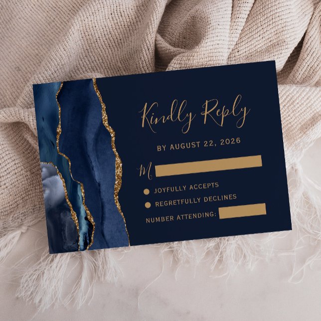 Moderne Navy Blue Gold Agate Wedding RSVP Card (Von Creator hochgeladen)