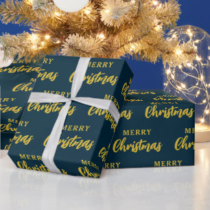 Moderne Navy Blue Gold Frohe Weihnachtsschrift Geschenkpapier