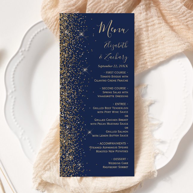 Moderne Navy Blue Gold Glitzer Edge Wedding Menükarte (Von Creator hochgeladen)