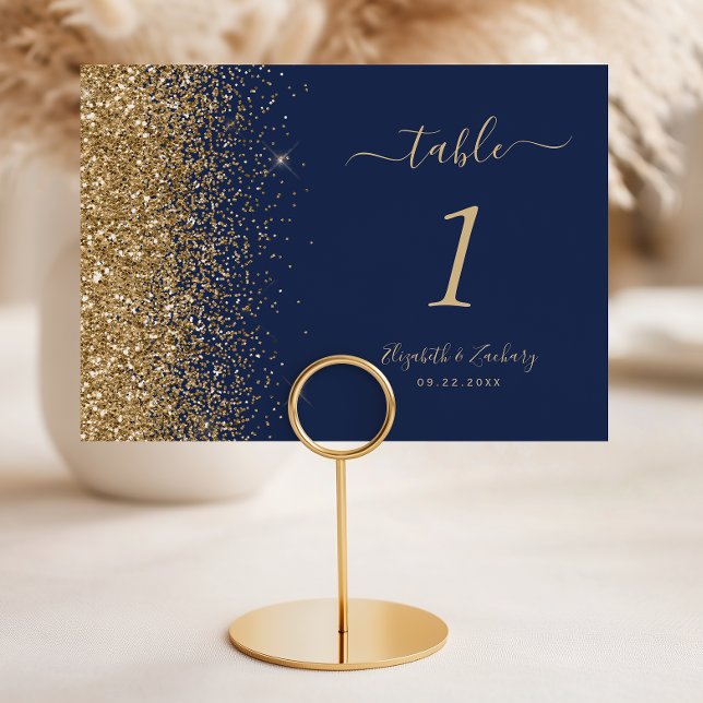 Moderne Navy Blue Gold Glitzer Edge Wedding Tischnummer (Von Creator hochgeladen)