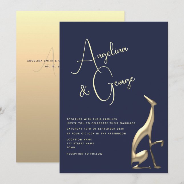Moderne Navy Blue Gold Hochzeit Einladung (Vorne/Hinten)