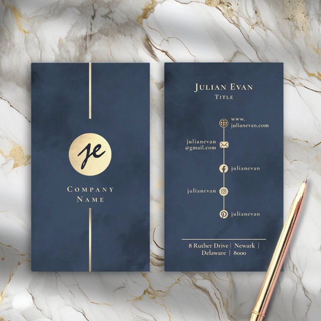 Moderne Navy Blue & Gold Monogram Business Card Visitenkarte (Modern Navy Blue & Gold Monogram Business Card)
