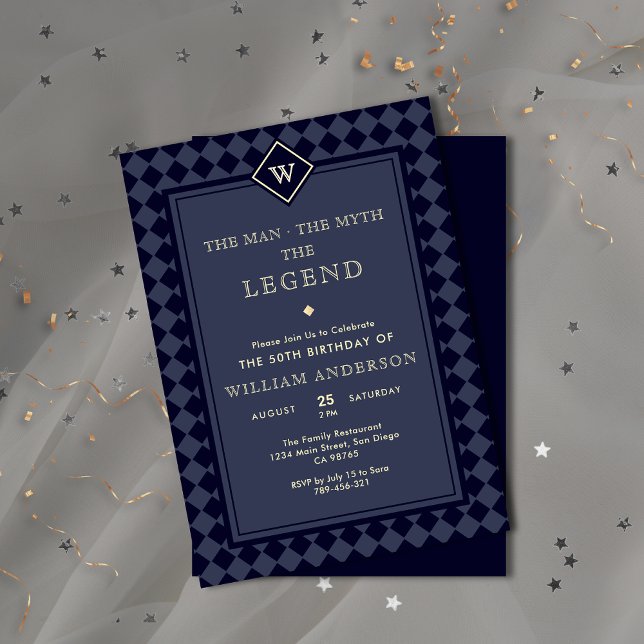 Moderne Navy Blue & Gold Monogram Legend Einladung (Modern Navy Blue & Gold Monogram Legend Invitation)