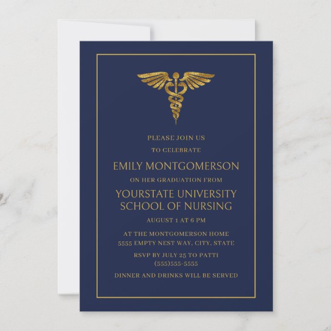 Moderne Navy Blue Gold Nursing School Graduate Einladung (Vorderseite)