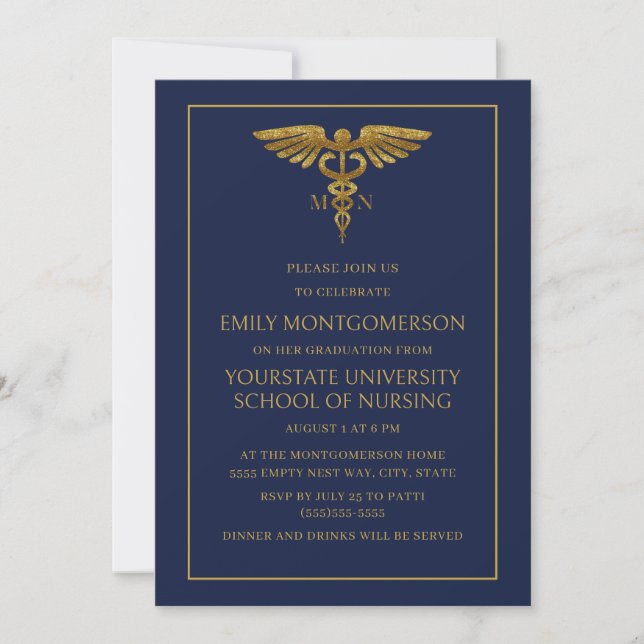 Moderne Navy Blue Gold Nursing School MN Graduate Einladung (Vorderseite)