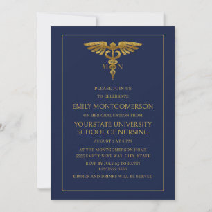 Moderne Navy Blue Gold Nursing School MN Graduate Einladung