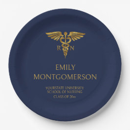 Moderne Navy Blue Gold Nursing School RN Abschluss Pappteller