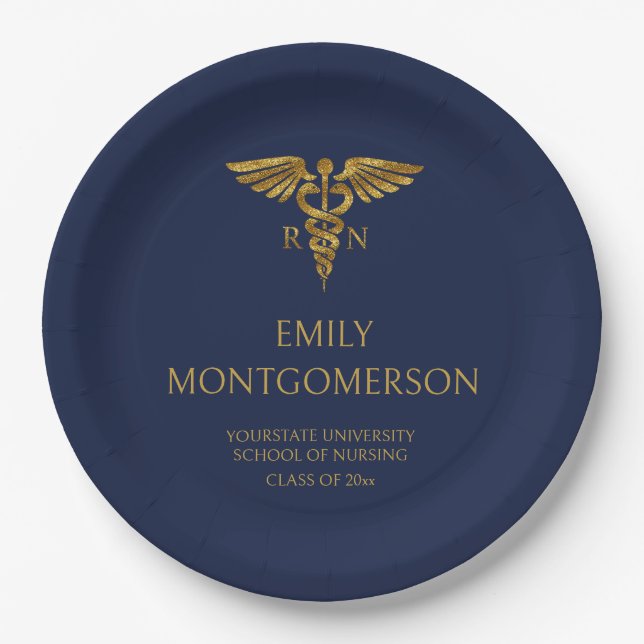 Moderne Navy Blue Gold Nursing School RN Abschluss Pappteller (Vorderseite)