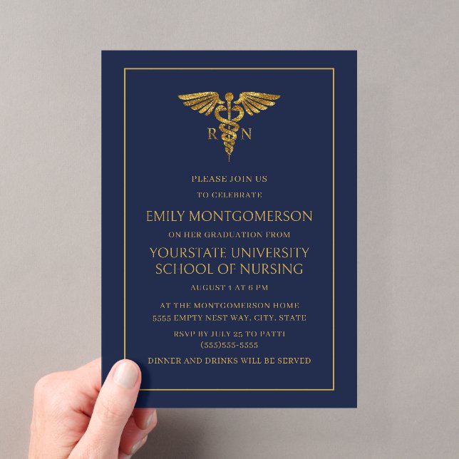 Moderne Navy Blue Gold Nursing School RN Graduate Acryleinladungen (Insitu (Handheld))