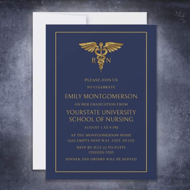 Moderne Navy Blue Gold Nursing School RN Graduate Einladung (Von Creator hochgeladen)