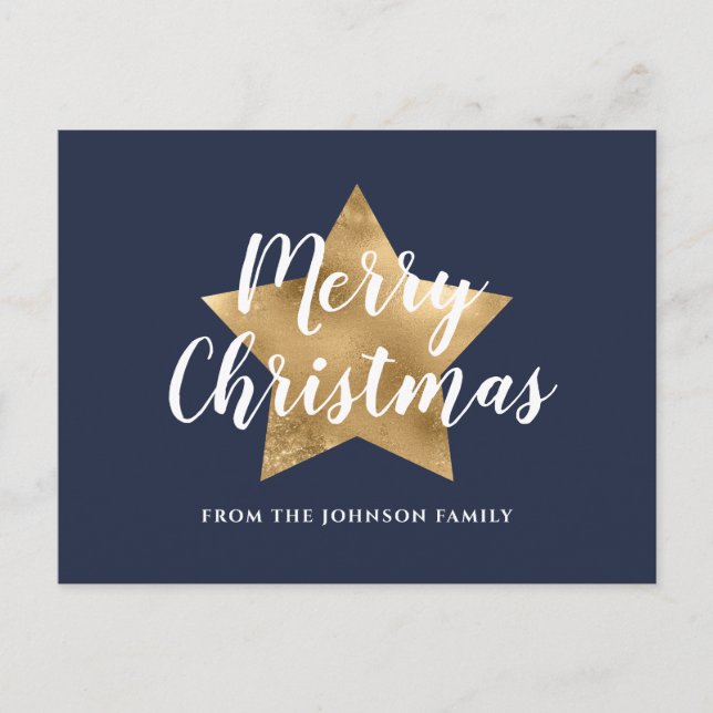 Moderne Navy Blue Gold Star Frohe Weihnachten Postkarte (Vorderseite)