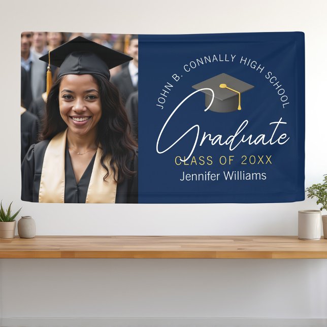 Moderne Navy Blue Graduate Foto Graduate Party Banner (Von Creator hochgeladen)