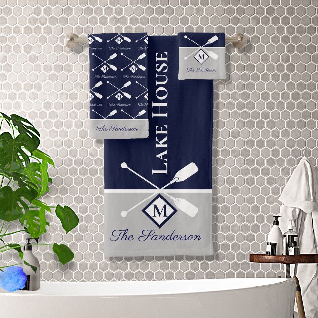 Moderne Navy Blue Gray Monogram Lake House Nautic Badhandtuch Set (Von Creator hochgeladen)