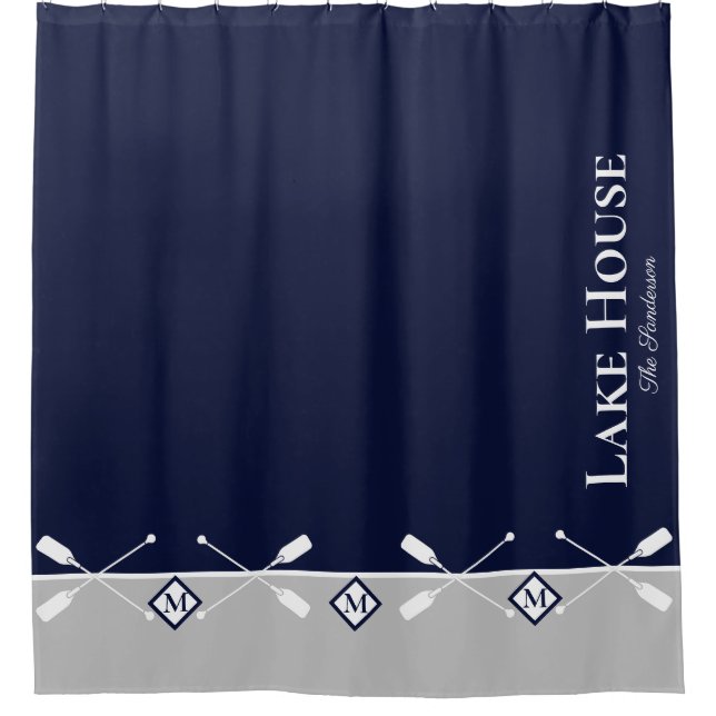 Moderne Navy Blue Gray Monogram Lake House Nautic Duschvorhang (Vorderseite)