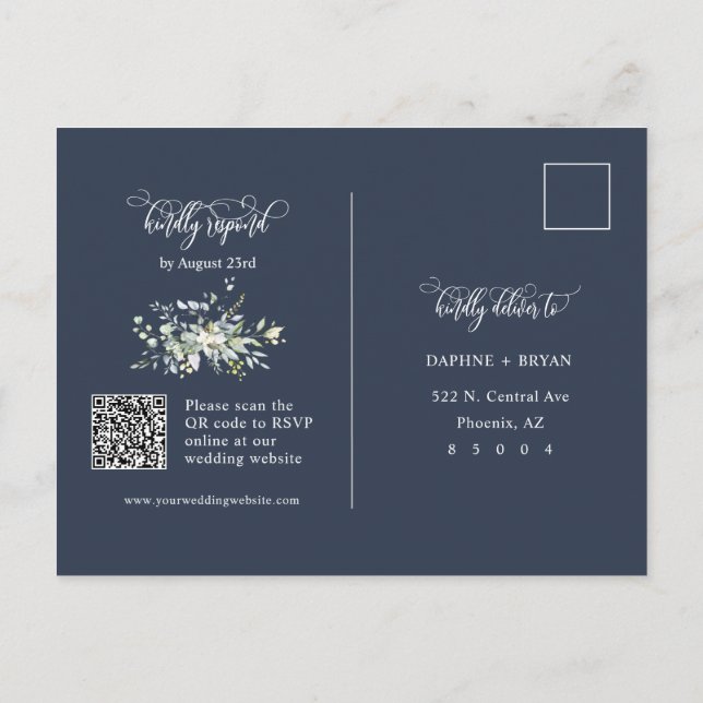 Moderne Navy Blue Green Blätter QR Code Address UA Postkarte (Rückseite)