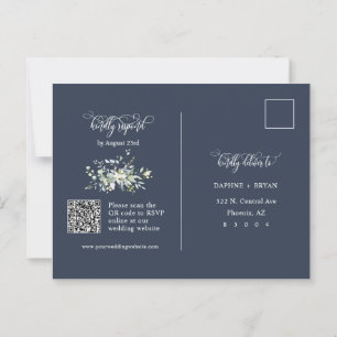Moderne Navy Blue Green Blätter QR Code Address UA Postkarte