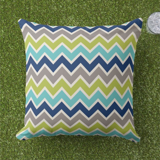 Moderne Navy Blue Green und Grau Zickzack Kissen Für Draußen (Gras)