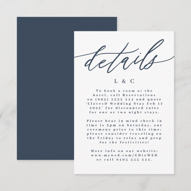 Moderne Navy-Blue-Kalligrafie-Hochzeitdetails RSVP Karte (Vorne/Hinten)