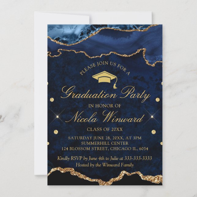 Moderne Navy Blue Marble Agate Graduation Party Einladung (Vorderseite)