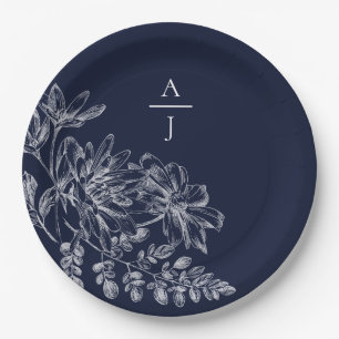 Moderne Navy Blue Monogram Floral Paper Plate Pappteller