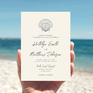 Moderne Navy Blue Muschel Beach Hochzeit in Urlaub Einladung