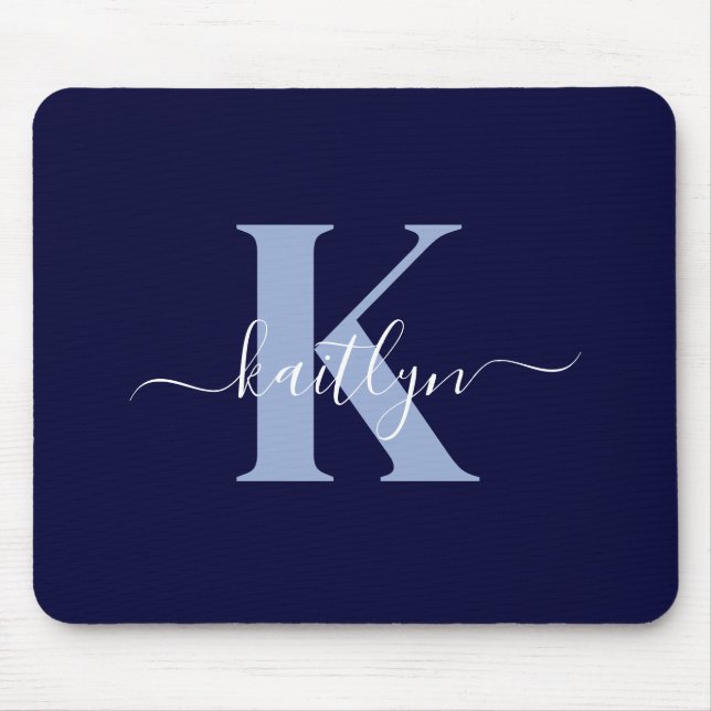Moderne Navy-Blue-Schrift-Monogramm Mousepad (Vorne)