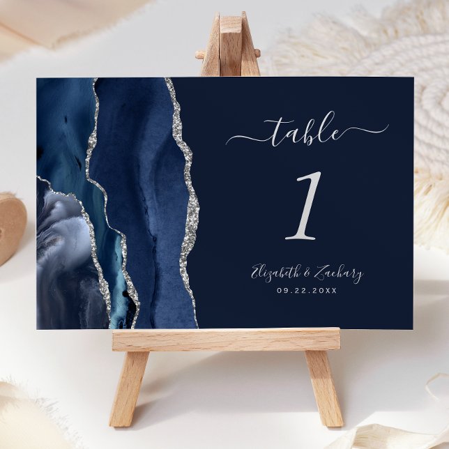 Moderne Navy Blue Silver Agate Hochzeit Tischnummer (Von Creator hochgeladen)