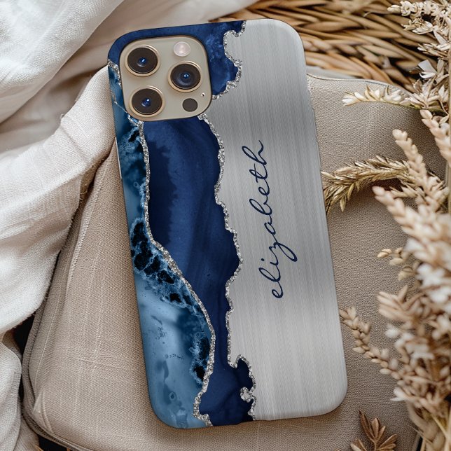 Moderne Navy Blue Silver Agate Metallic Case-Mate iPhone Hülle (Von Creator hochgeladen)