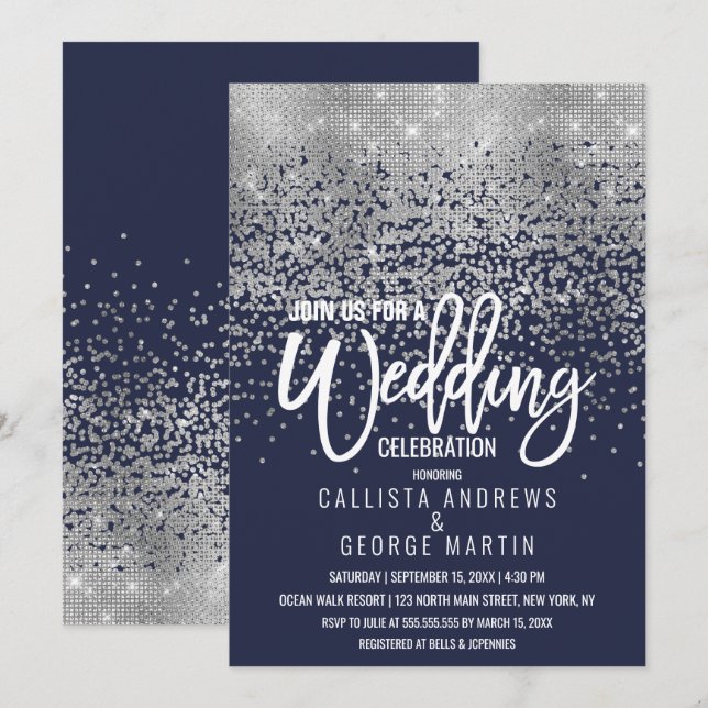 Moderne Navy Blue Silver Glitzer Confetti Wedding Einladung (Vorne/Hinten)