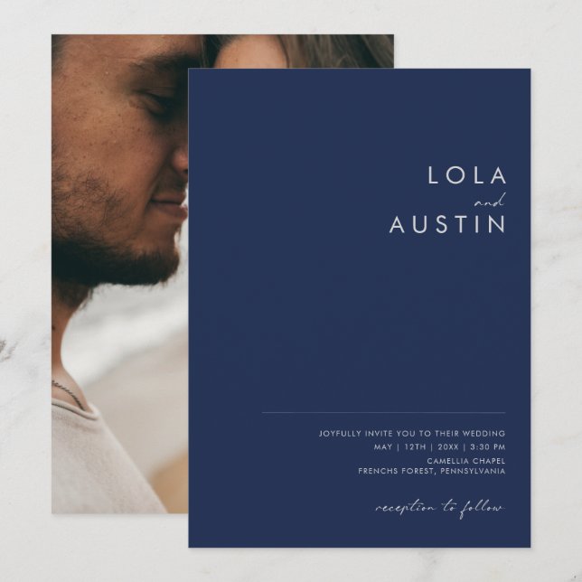 Moderne Navy Blue Silver Lässige Foto Hochzeit Einladung (Vorne/Hinten)