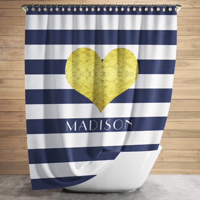 Moderne Navy Blue Stripes Muster Duschvorhang (Modern Gold Heart Blue Stripes Pattern Shower Curtain)
