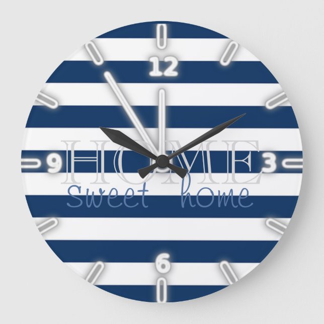 Moderne Navy Blue Stripes,Zuhause Sweet Zuhause Große Wanduhr (Vorderseite)