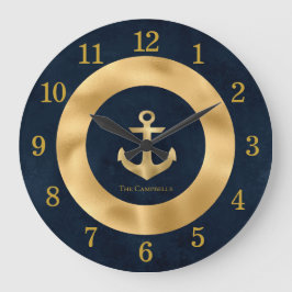 Moderne Navy Blue und Gold Nautical Anchor Große Wanduhr