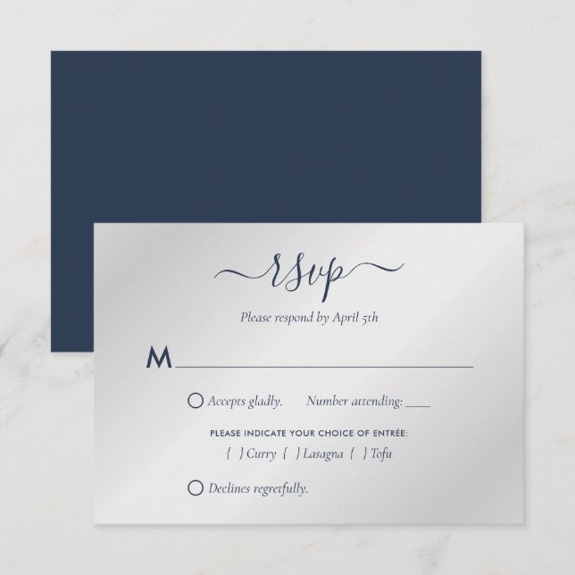 Moderne Navy Blue und Silver Wedding RSVP Cards (Vorne/Hinten)