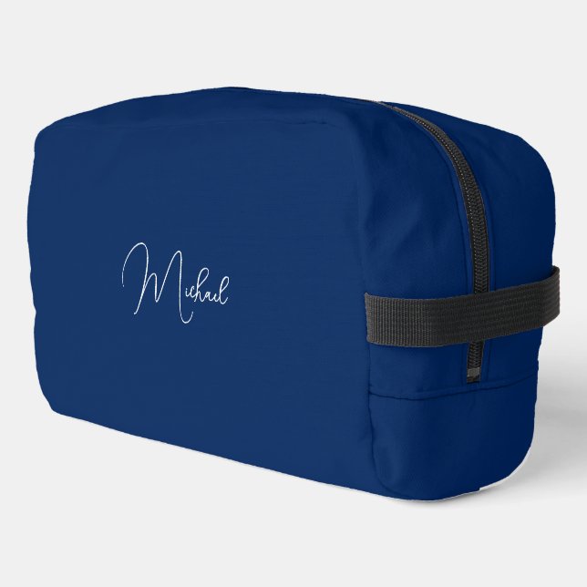 Moderne Navy Blue White Monogram Mens Womens Trave Waschbeutel (Linke Seite)