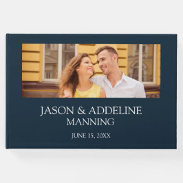Moderne Navy Blue White Two Foto Hochzeit Gästebuch