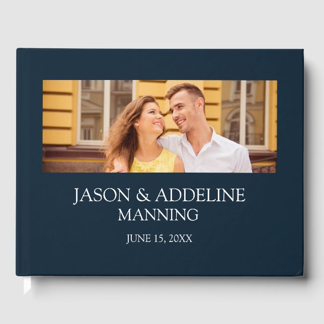 Moderne Navy Blue White Two Foto Hochzeit Gästebuch (Vorderseite)