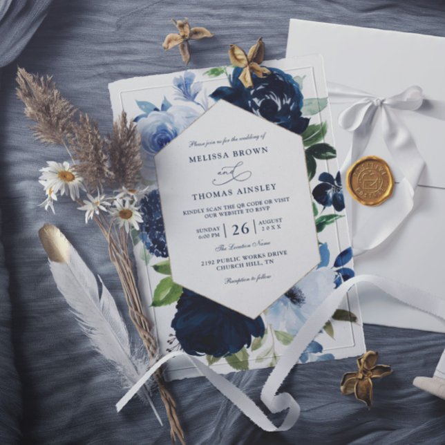 Moderne Navy Blumen Budget QR Code Hochzeit Einladung (Von Creator hochgeladen)