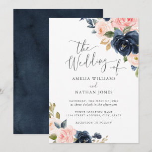 Moderne Navy-Blush-Blumenhochzeit Einladung