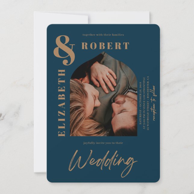 Moderne Navy fett gestyltes, feines Foto Hochzeit Einladung (Vorderseite)