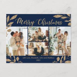 Moderne Navy Gold Blätter FotoCollage Weihnachten Postkarte
