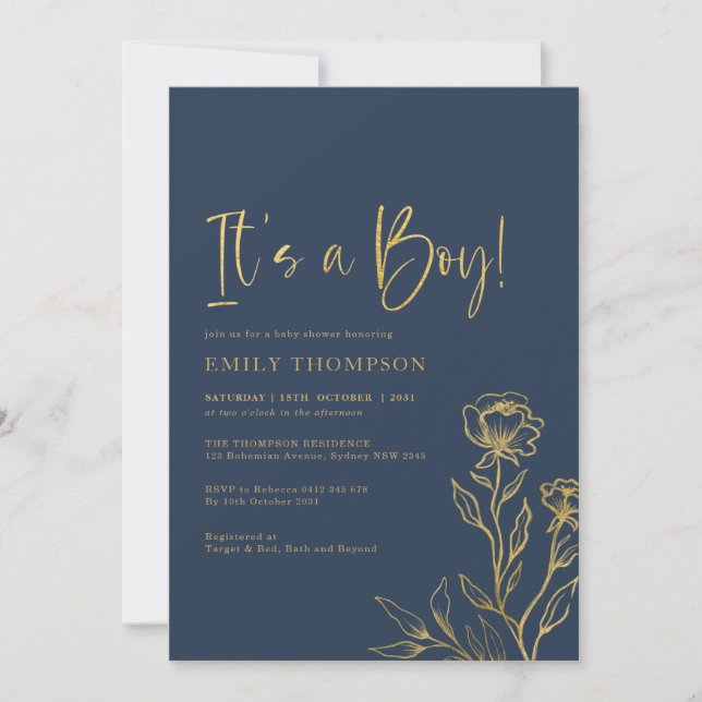 Moderne Navy Gold Botanical Boy Baby Dusche Einladung (Vorderseite)